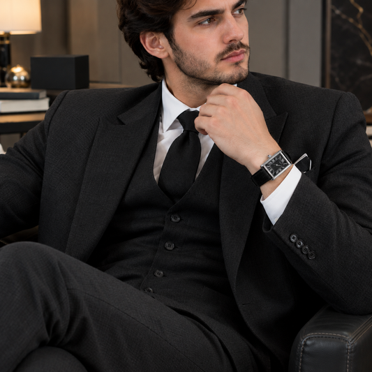 Men’s Rectangular Luxury Watch – Black Dial, Roman Numerals & Leather Strap