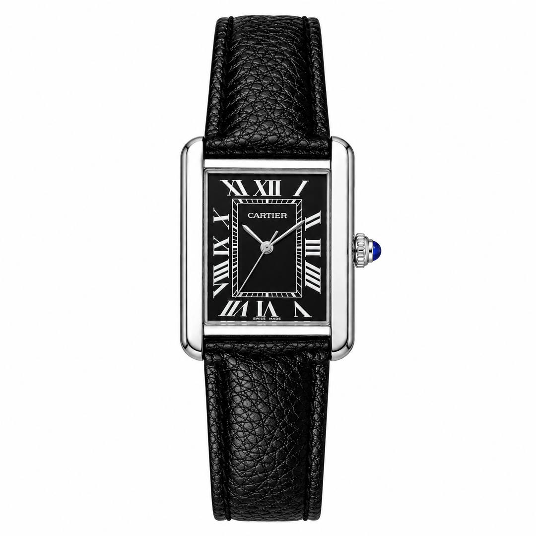 Men’s Rectangular Luxury Watch – Black Dial, Roman Numerals & Leather Strap
