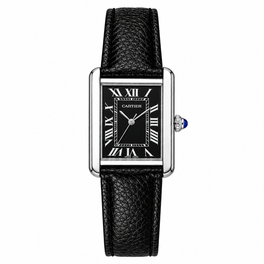 Men’s Rectangular Luxury Watch – Black Dial, Roman Numerals & Leather Strap