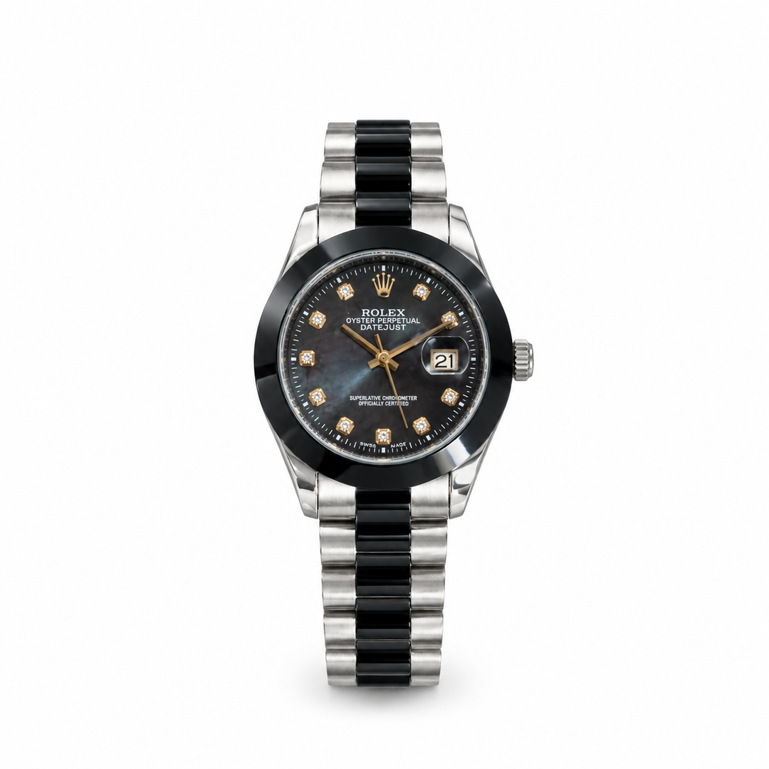 Men's Two-Tone Steel Watch Black Dial with Crystal Markers, Date Display