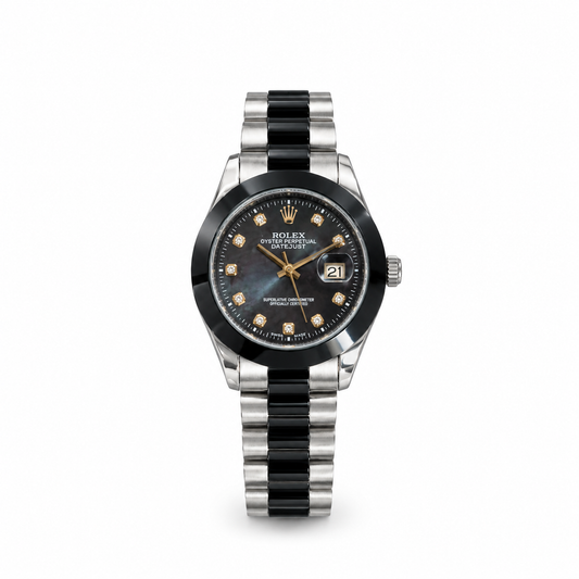 Men's Two-Tone Steel Watch Black Dial with Crystal Markers, Date Display