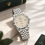 Men’s Semi-Automatic Steel Watch – Fluted Bezel, Champagne Textured Dial & Date Display