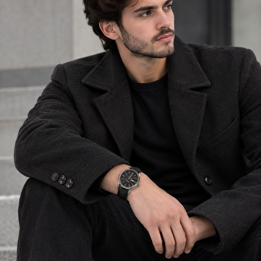 Men's Dress Watch – Leather Style Strap, Day-Date Display, Classic Round Case