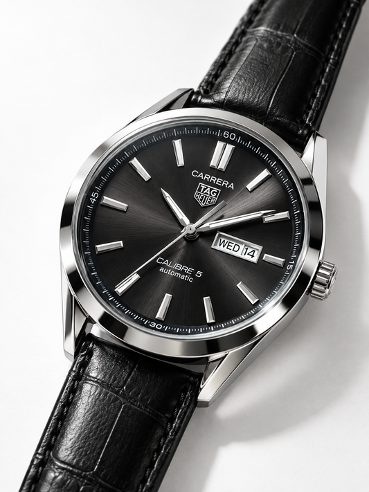 Men's Dress Watch – Leather Style Strap, Day-Date Display, Classic Round Case