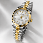 Men’s Two-Tone Automatic Watch – Silver Dial, Gold Bezel, Diamond-Style Markers & Date Display