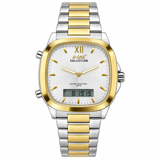 Men's Square Analog-Digital Watch – Steel Bracelet, Water Resistant 3ATM