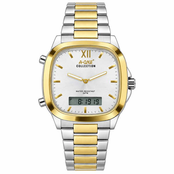 Men's Square Analog-Digital Watch – Steel Bracelet, Water Resistant 3ATM