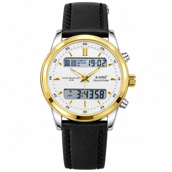 Men's Analog-Digital Watch – Leather Strap, Dual Time Display, Water Resistant 3ATM
