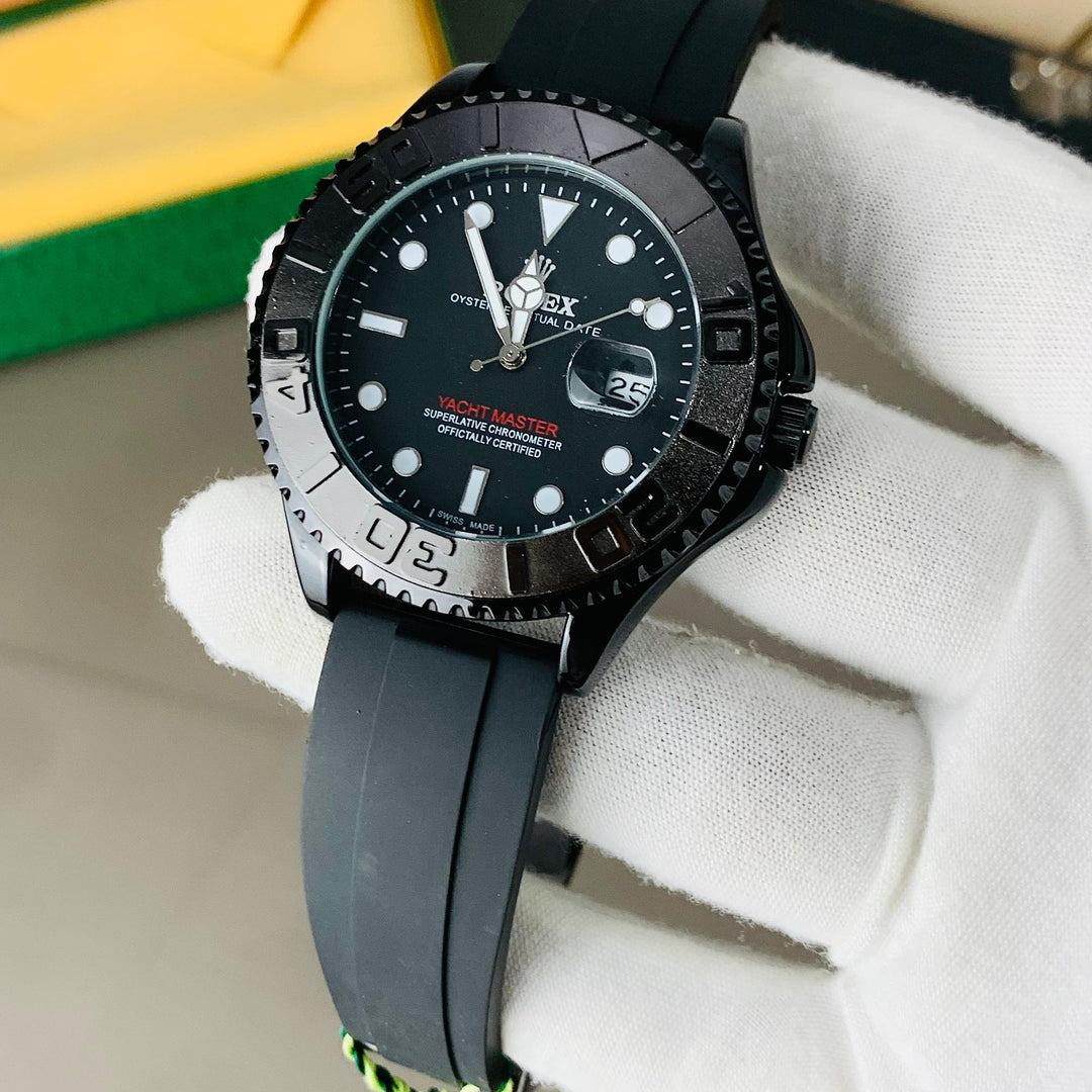 Luxury Black & Gold Yacht Master Style Watch for Men – Premium Silicone Strap, Date Display
