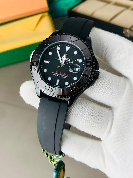 Luxury Black & Gold Yacht Master Style Watch for Men – Premium Silicone Strap, Date Display