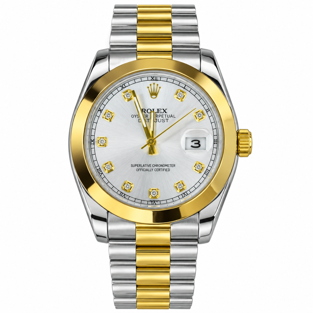 Men’s Two-Tone Automatic Watch – Silver Dial, Gold Bezel, Diamond-Style Markers & Date Display