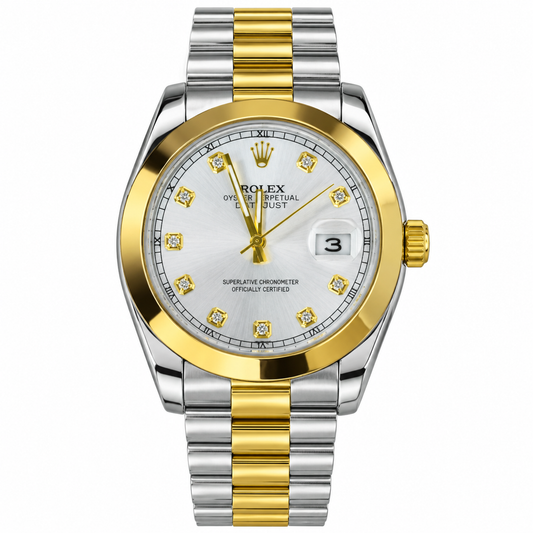 Rolex Oyster Perpetual Datejust watch with a two-tone stainless steel and gold oyster bracelet, gold bezel, and a white dial with diamond hour markers.